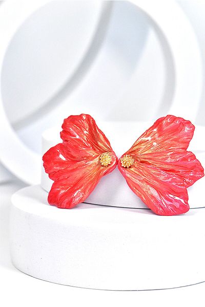 NARRU Handmade NARRU earrings, half flower, pearl red and gold, Mary 15