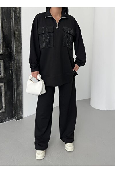 Basicpark Black Women's Oversize Half Zipper Closure Pocket Stone Loose Leg Cotton Knitted Bottom Top Set