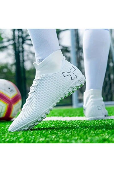 MBrands Ghete de fotbal cu suport pentru gleznă 7.5 pentru gazon sintetic, albe, mărimea 38