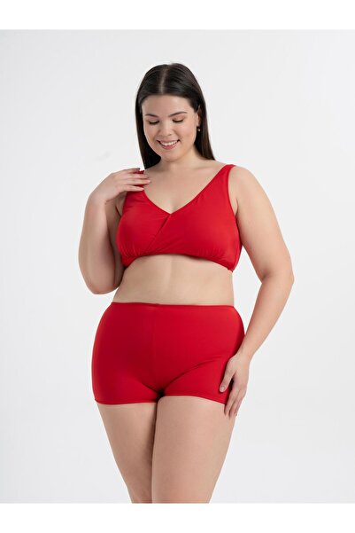AQUAVİVA Women's Red Plus Size Quinn Double Breasted Detailed Gathered Shorts Bikini Set