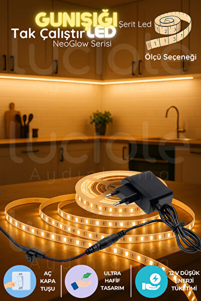 luciole 5 Metre NeoGlow Serisi LED Işık Bandı - 3200K Günışığı Tonlu 60 Çipli 12V Tak Çalıştır Şerit