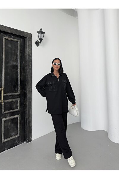 Basicpark Black Women's Oversize Half Zipper Closure Pocket Stone Loose Leg Cotton Knitted Bottom Top Set