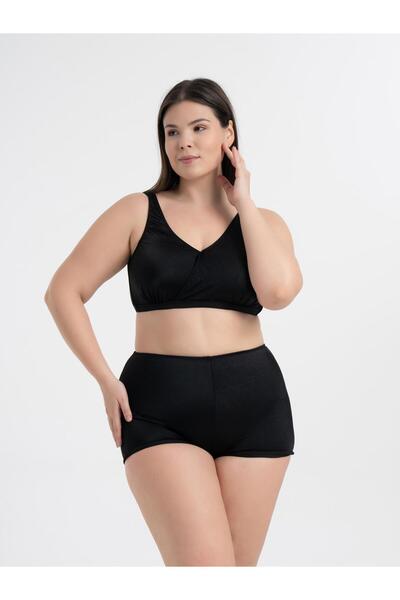 AQUAVİVA Women's Glossy Black Plus Size Quinn Double Breasted Detailed Gathering Shorts Bikini Set