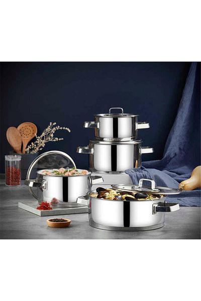 OMS 1137 - 8 Pieces, Induction, 1St Grade Stainless Steel Cookware Set, Silver Body, Silver Detail