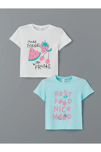 LC Waikiki LCW Kids Tricou pentru fete cu imprimeu cu gâtul rotund, pachet de 2 (S5)