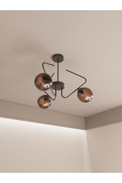 avizade Lunor 3’lü Siyah Avize - Bal Rengi Amber Camlı Modern Salon Mutfak Ay...