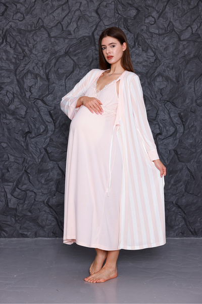 Yulem Homewear Pudra Çizgili Askılı Lohusa Hamile Gecelik-Sabahlık ve Pijama Takım 4'lü Set