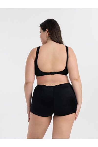 AQUAVİVA Women's Glossy Black Plus Size Quinn Double Breasted Detailed Gathering Shorts Bikini Set