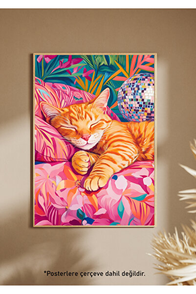 One Little Happiness Αφίσα DISCO CAT Αισθητική αφίσα τοίχου, αφίσα χωρίς πλαίσιο