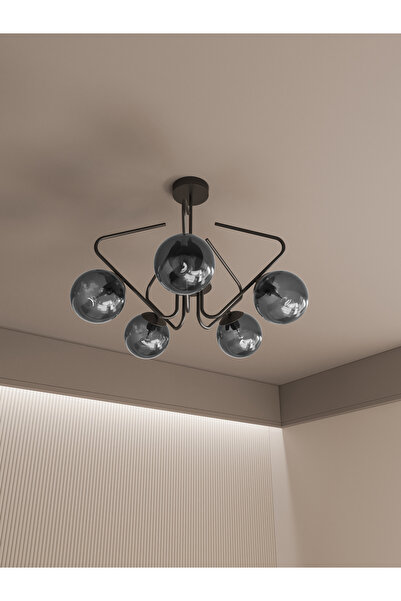 avizade Lunor Siyah Metal Füme Cam Küre Başlıklı Modern 5'li Avize – Salon Ve...