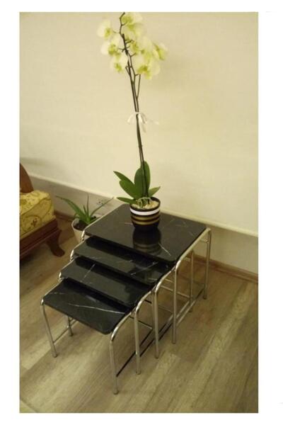 modülare Masa 4'lü Zigon Sehpa Metal Krom Nikel Ayaklı E1 Beyaz Ceviz Tepsi