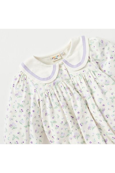 Juniors Floral Print Collared Neckline Romper With Long Sleeves And Button Closure
