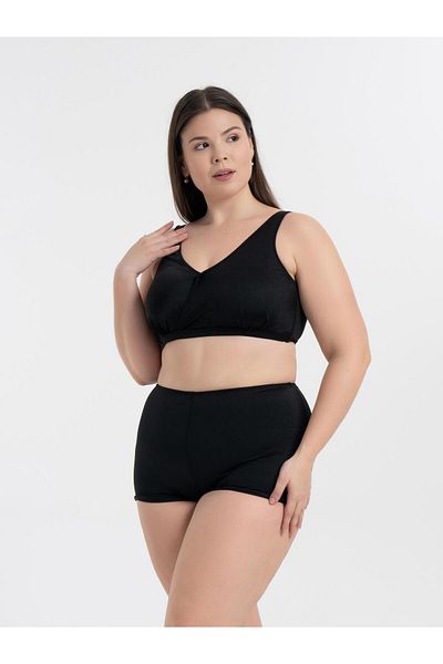 AQUAVİVA Women's Glossy Black Plus Size Quinn Double Breasted Detailed Gathering Shorts Bikini Set