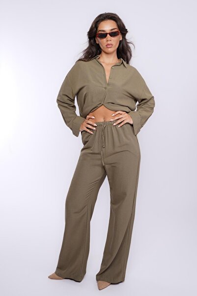 Madmext Khaki Linen Women's Shirt Trousers Double Suit Mg2356