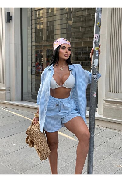 LB Laluna Butik Women's Linen Striped Oversize Shirt Shorts Set