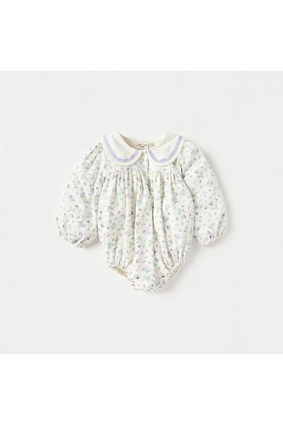 Juniors Floral Print Collared Neckline Romper With Long Sleeves And Button Closure