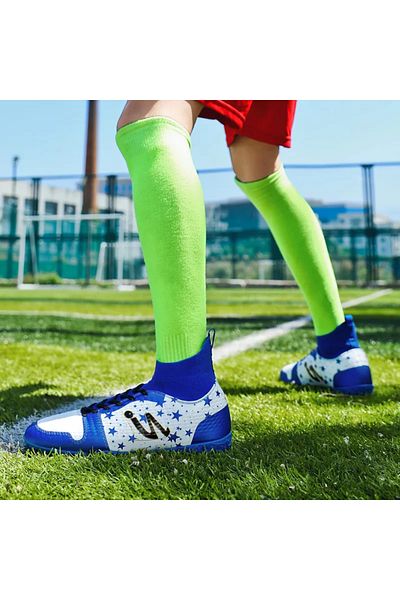 MBrands Ghete de fotbal 5.7, cu suport pentru gleznă pentru gazon sintetic, albastre cu alb, mărimea 40
