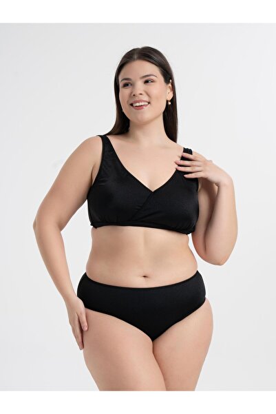 AQUAVİVA Women's Shiny Black Plus Size Quinn Double Breasted Detailed Gathering Bikini Set