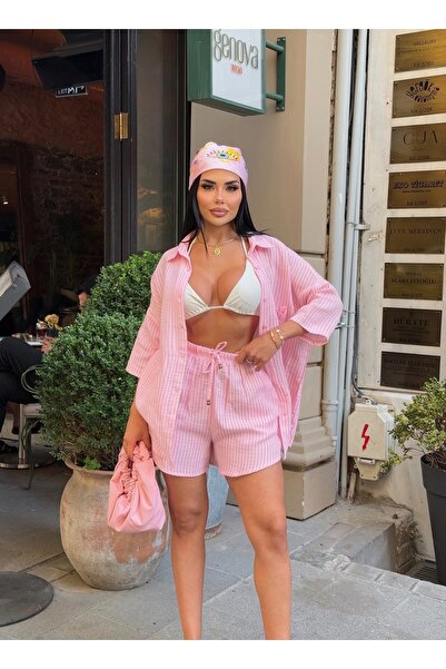 LB Laluna Butik Women's Linen Striped Oversize Shirt Shorts Set