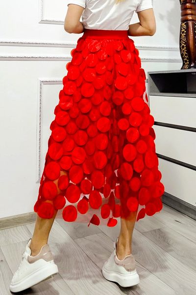 FashionForYou Zefira Occasion Skirt, with tulle, satin applications and 3D polka dots, Red, Size S/M