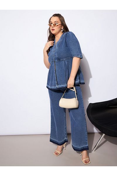 Sassafras By Styli Plus Size Solid V Neck Denim Metal Button Peplum Top and Jeans Co-Ords