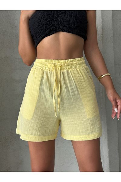 Miss Prova Muslin Beachwear Shorts with Elastic Waist and Waist Tie Detail