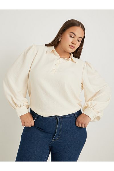 Styli Plus Size Textured Balloon Sleeve Regular Fit Popover Shirt