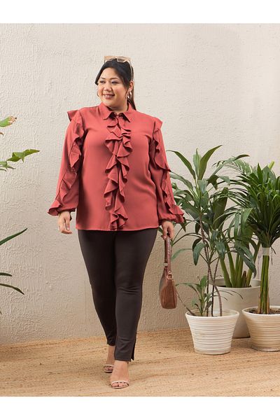 Sassafras By Styli Plus Size Rust Solid Ruffled Long Sleeve Regular Fit Shirt