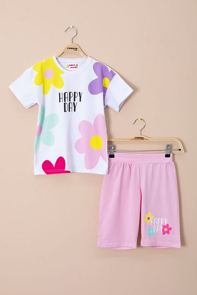Cansın Mini Pink Color Flower Printed T-Shirt and Shorts Girls 2 Piece Set 21064
