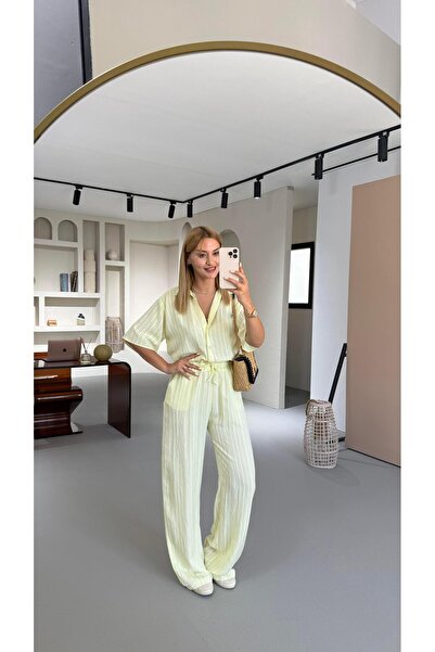 Sezgi Tekin Çizgili Gömlek Pantolon Sarı Vual Takım