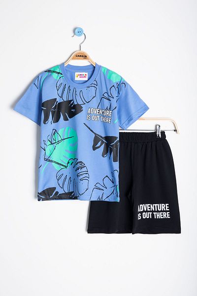 Cansın Mini Set de pantaloni scurți pentru băiat, cu imprimeu cu frunze albastre, 2 piese 21054