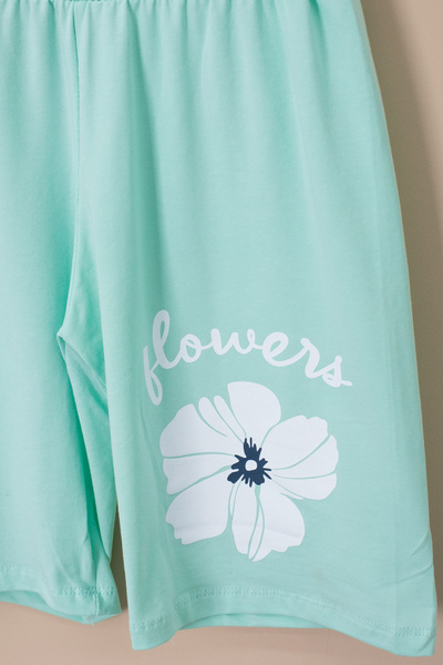 Cansın Mini Green Shoulder Flower Printed T-Shirt Shorts Girls 2 Piece Set 21067