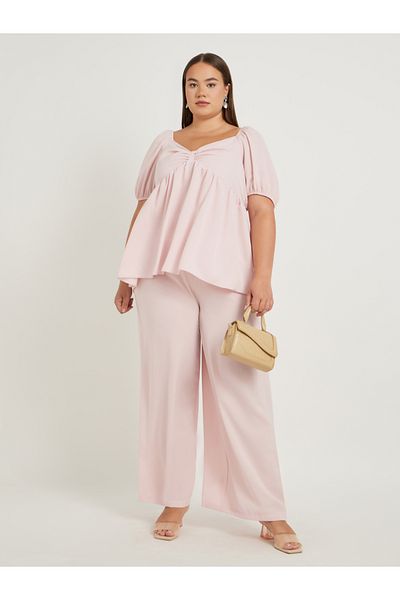 Styli Plus Size Solid Puff Sleeves Twist Front Top