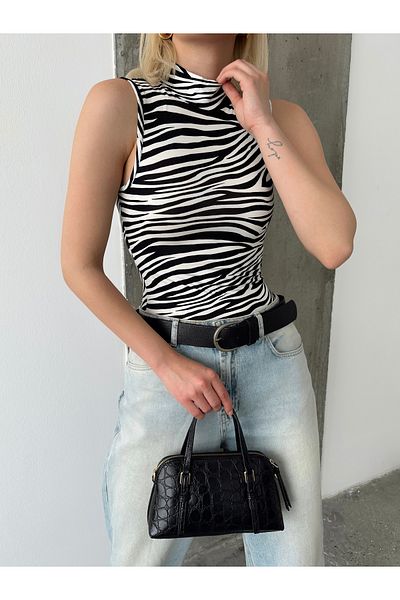 ladyzey Women's Ecru Zebra Turtleneck Tank Top