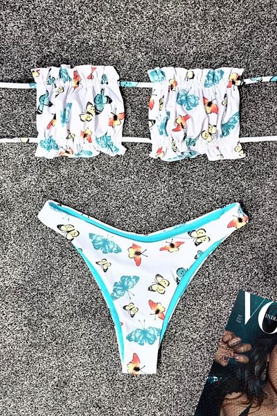 FashionForYou Costum de baie din două piese cu slip bicolor, culoare turcoaz, Butterflies, 38