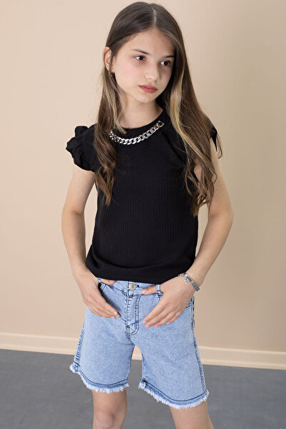 Cansın Mini Sequined Jean Shorts Black Necklace Detailed Badi Girl's 2 Piece Set 21110