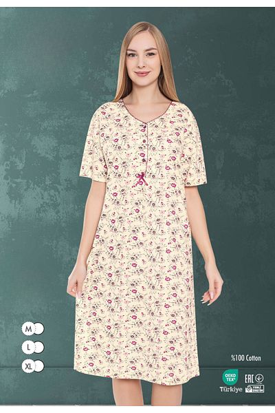 MİSS LOLİTA Women's Plus Size Floral Pattern 100% Cotton Short Sleeve Nightgown 529