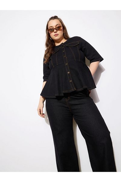 Sassafras By Styli Plus Size Plain Denim Peplum Top and Jeans Co-Ords