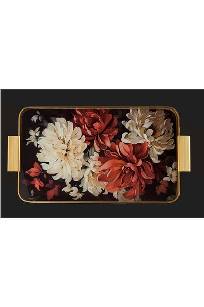 AROW Tray Metal Glass Patterned Black Red 24X40 cm Gold Tr-1204