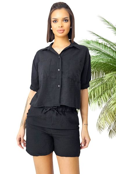 FashionForYou Set With Crepe Cotton, Keona, Shirt And Shorts With Drawstring, Black, S
