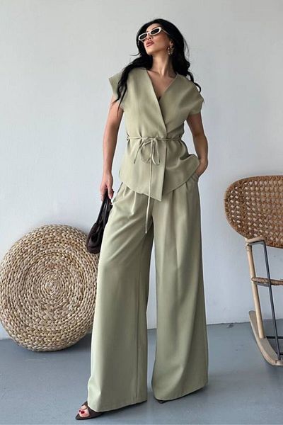 AKD Atelier Women's Double Bottom Top Suit Lace-Up Loose Cut Flowy Summer Short Sleeve Kimono Jacket Palazzo Pants