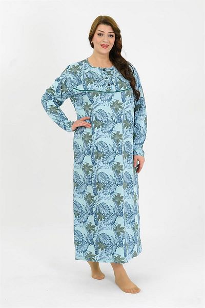 Celira Women's Plus Size Long Sleeve Blue Mother Nightgown 1378
