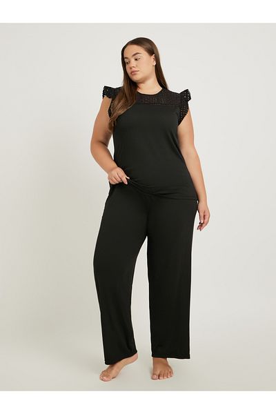 Styli Plus Size Schiffli Yoke Flat Pompom Detail Top and Pyjama Set