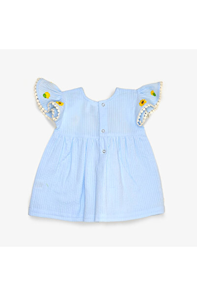 KeeBee Organic Cotton Sunflower Embroidered Girls Blue Dress with Ruffled Sleeves