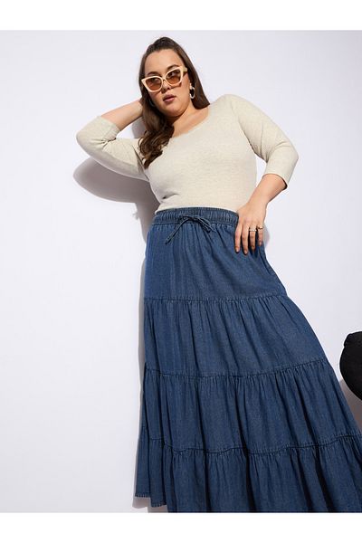 Sassafras By Styli Plus Size A-Line Tiered Maxi Skirt with Drawstring