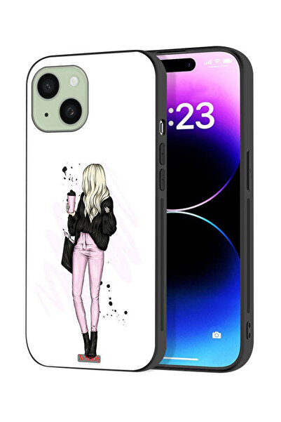 Tolwak Apple iPhone 15 Plus Protective Case Cover Girl Holding Coffee Cup Art