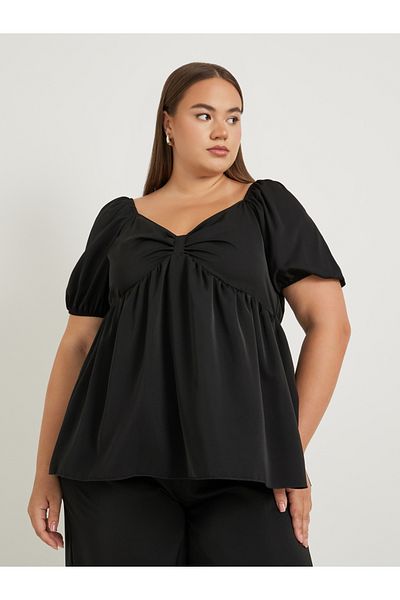 Styli Plus Size Solid Puff Sleeves Twist Front Top