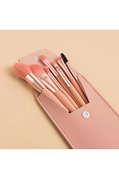 Flippy Set mini portabil de 8 pensule de machiaj cu husă roz, Flippy
