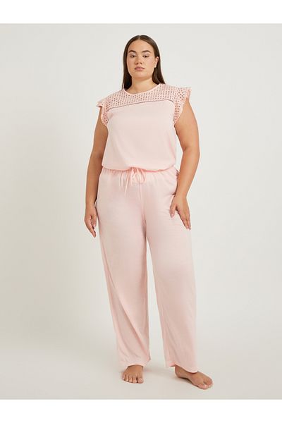 Styli Plus Size Schiffli Yoke Flat Pompom Detail Top and Pyjama Set