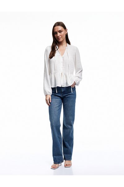 Koton Linen Look Long Balloon Sleeve Bow Tie Judge Collar Tie Detail Blouse